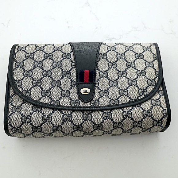 Rare GUCCI GG Supreme Sherry Line Clutch Bag PVC Navy Red (Excellent Condition) - Picture 1 of 16